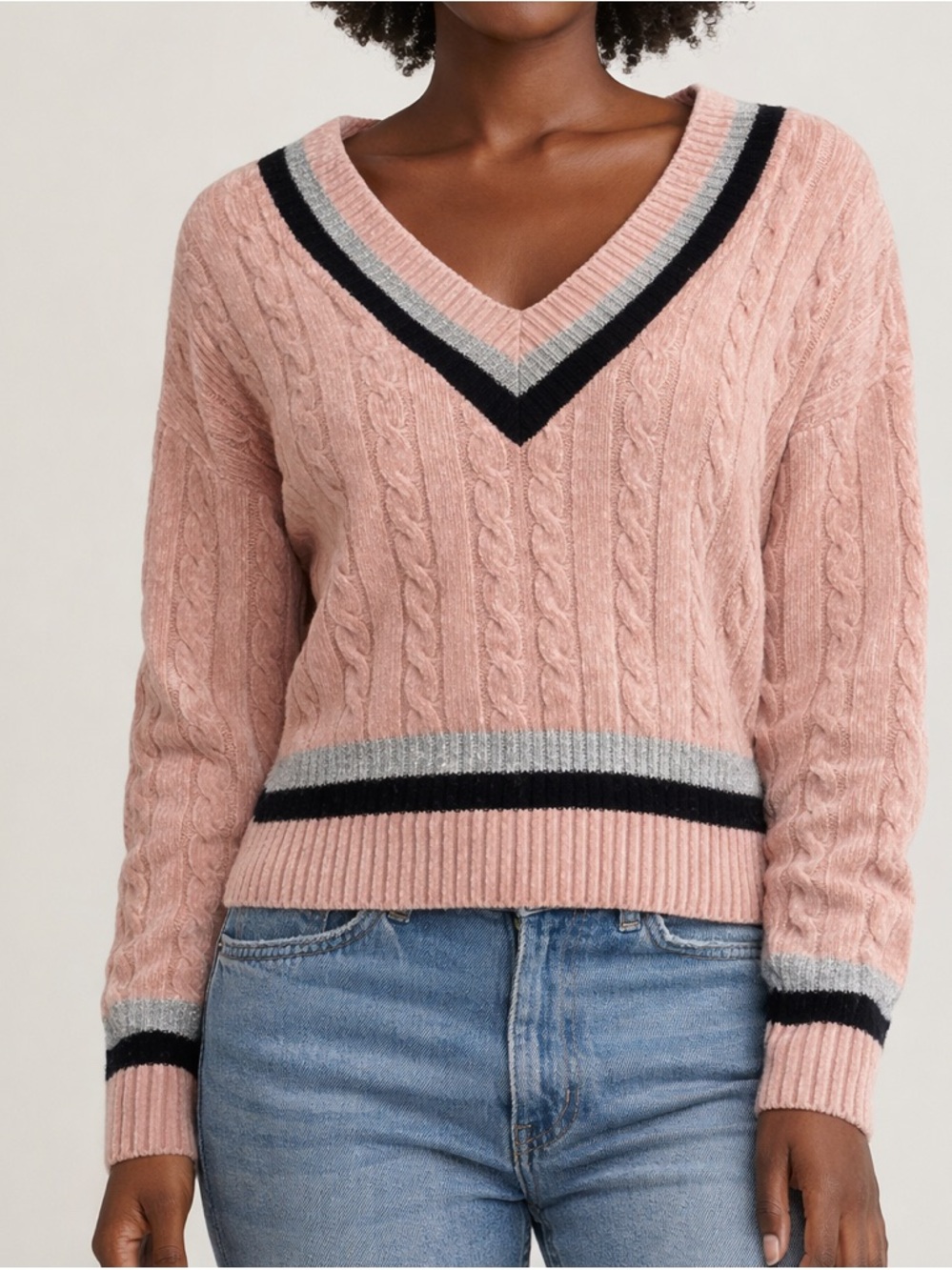 Forever 21 Pink Cable Knit V-Neck Sweater with Contrast Trim